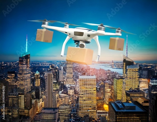 An urban aerial delivery drone system, flying above the city and delivering packages. The drones are monitored by a central AI control station. The scene shows a city with digital maps and real-time d