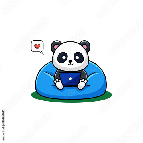 Cute Panda Cartoon Working on Laptop Sitting on Bean Bag