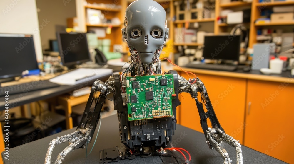 Fototapeta premium Tiny programmable robot with circuit board exposed, placed on a tech bench