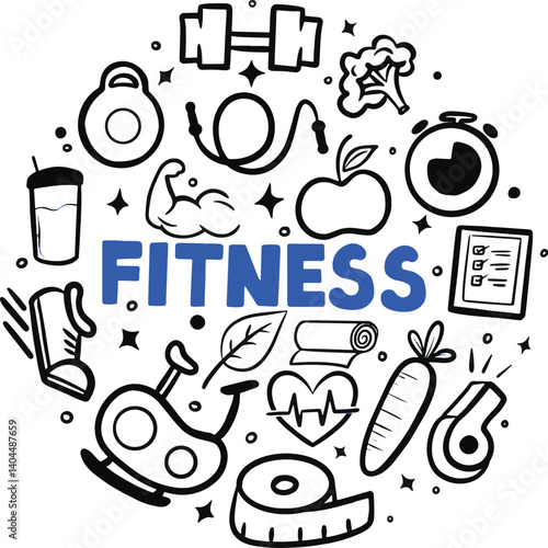 hand drawn vector illustration of a set of icons, Doodle Health And Fitness Icons, Hand drawn set of fitness doodles 