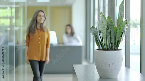 Smiling Woman In Orange Blouse Walks Past Potted Green Plant In Bright Office Hallway