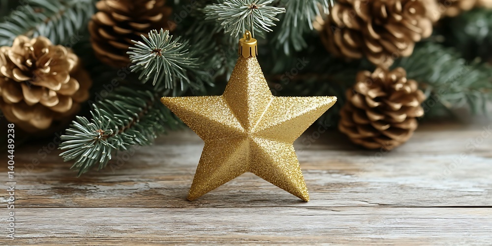 Gold Star Ornament on Wooden Table with Pine Cones Gold Star Ornament on Wooden Table with Pine Cones