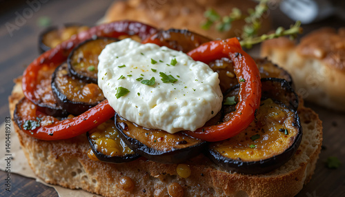 Mediterranean Style Open-Faced Eggplant Sandwich with Roasted Vegetables and Creamy Cheese Against Rustic Wooden Surface