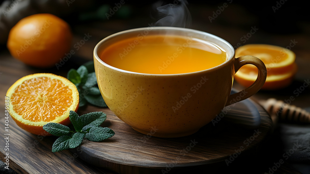 Steaming Cup of Orange Tea with Slices of Orange and Mint on Wooden Surface Steaming Cup of Orange Tea with Slices of Orange and Mint on Wooden Surface
