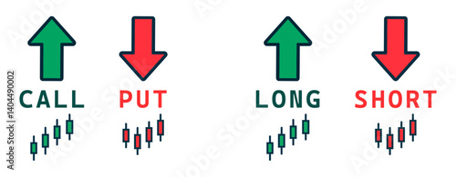 Icons for trading terms call, put, long, and short. Includes green and red arrows with candlestick chart symbols. Ideal for stock market, forex, and crypto visuals. Icons, vector, symbols.