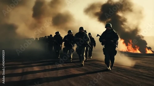 A group of soldiers are running through a smoke filled area