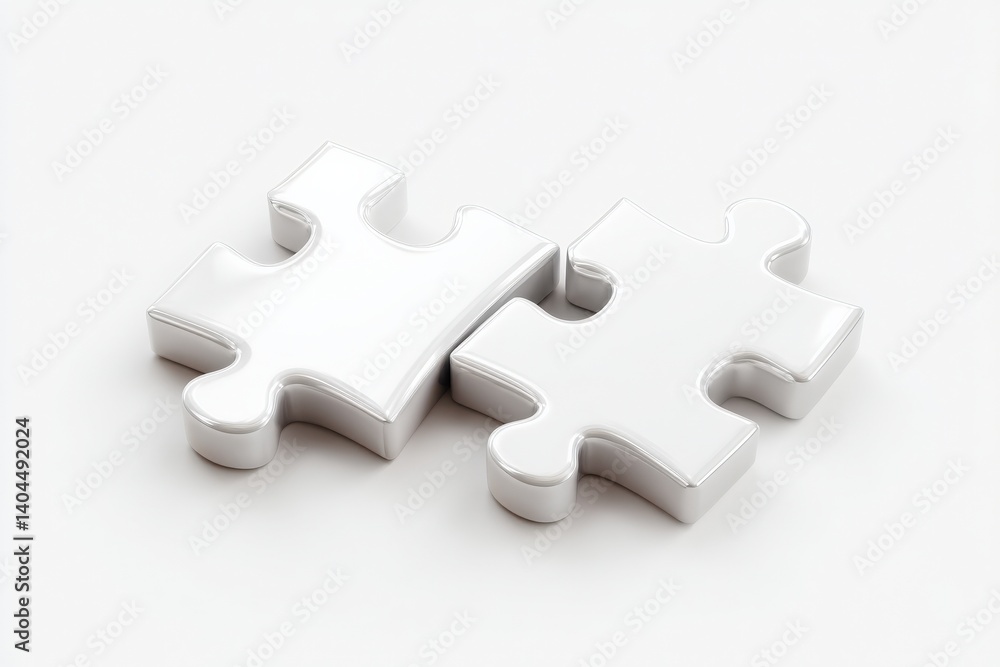 Obraz premium Two shiny white puzzle pieces interlocking on a plain background.