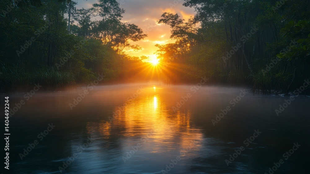 Misty river reflects a bright sunrise, framed by lush trees. Soft light filters through Misty river reflects a bright sunrise, framed by lush trees. Soft light filters through