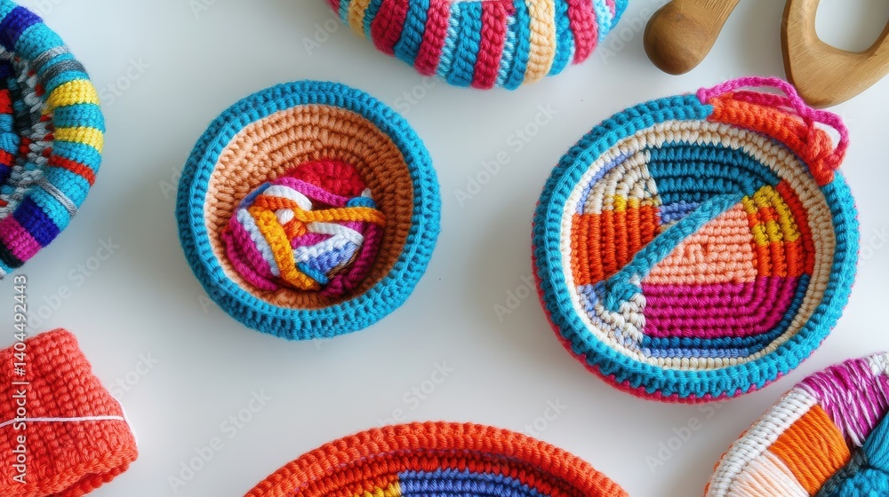 Naklejka premium Colorful Handcrafted Crochet Bowls and Baskets on Bright Background