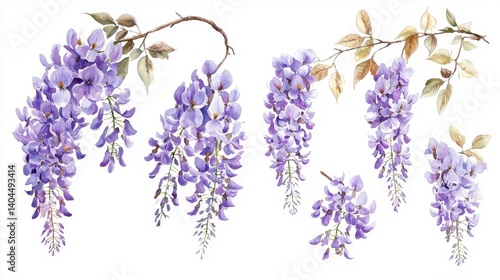 Six watercolor wisteria illustrations, each a delicate dance of purple hues and verdant leaves Cascading blossoms evoke a sense of serenity, ideal for adding a touch of botanical charm Floral