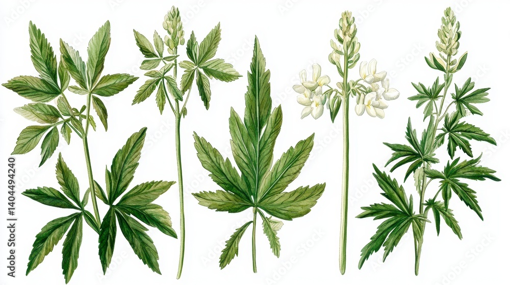 This image showcases six captivating watercolor lupine illustrations, each meticulously rendered in various poses, capturing the essence of nature's delicate beauty The lupines are presented in an This image showcases six captivating watercolor lupine illustrations, each meticulously rendered in various poses, capturing the essence of nature's delicate beauty The lupines are presented in an