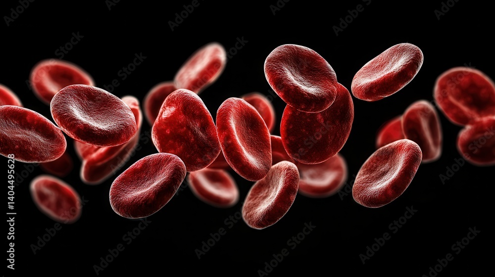 Close-Up View of Red Blood Cells Flowing in a Dark Background with Realistic Texture and Detail Close-Up View of Red Blood Cells Flowing in a Dark Background with Realistic Texture and Detail