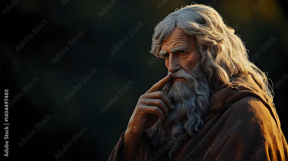 Portrait of a Contemplative Sage with Long Gray Beard and Brown Robe in a Natural Setting with Dramatic Lighting Portrait of a Contemplative Sage with Long Gray Beard and Brown Robe in a Natural Setting with Dramatic Lighting