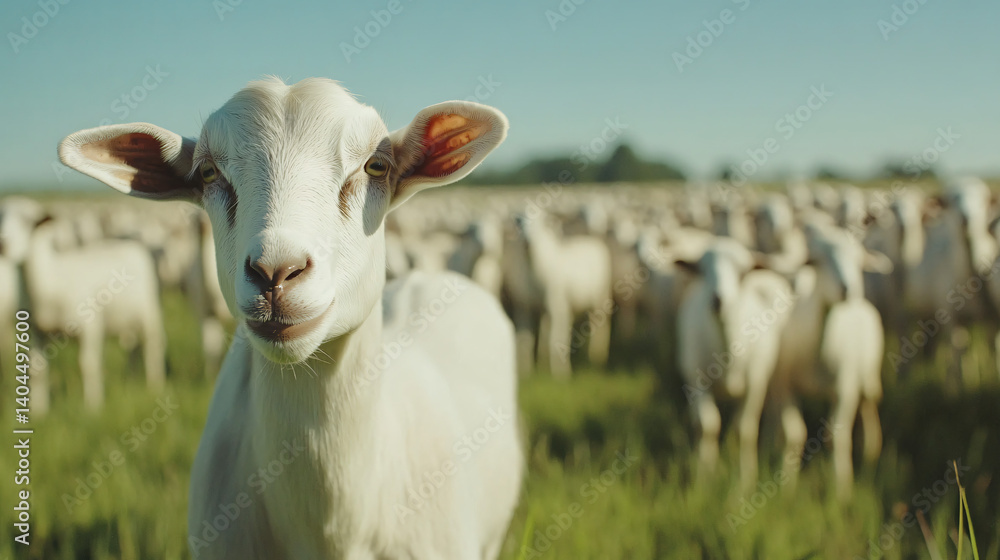 Fototapeta premium A Single White Goat Gazes Intently from the Forefront of a Vast Herd Grazes Serenely in a Lush