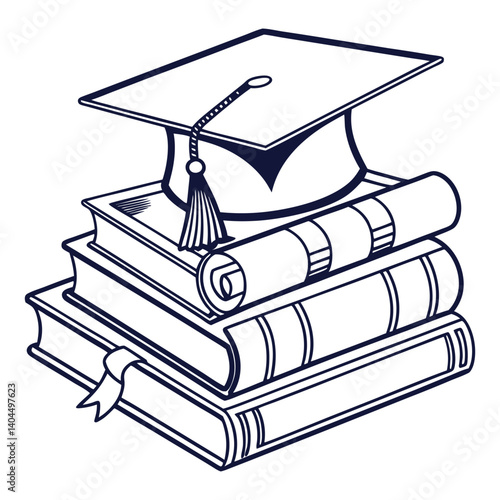 Graduation Cap on Books - Education and Learning Concept - Vector Illustration