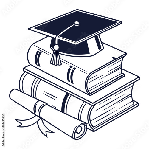 Graduation Cap on Books - Education and Learning Concept - Vector Illustration