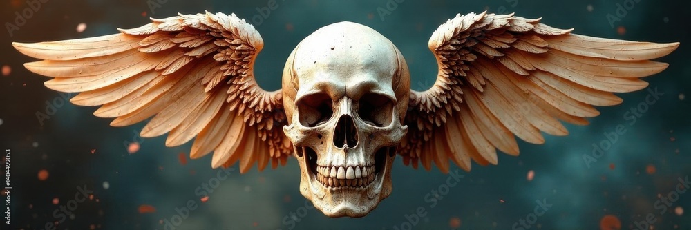 Obraz premium Ornate skull adorned with delicate feathered angel wings, monochrome, fragility