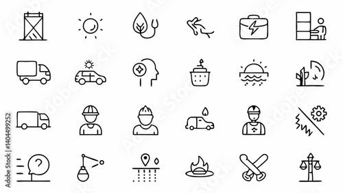 High quality accident-themed outline icons ideal for safety apps, emergency services graphics or educational content on workplace safety