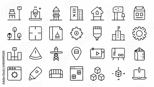 Clean and modern outline icons featuring blueprint concepts suitable for architectural plans urban development or technical project visuals