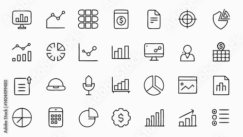 Elegant charts icon set in outline style perfect for data visualization business analytics dashboards and finance related interfaces