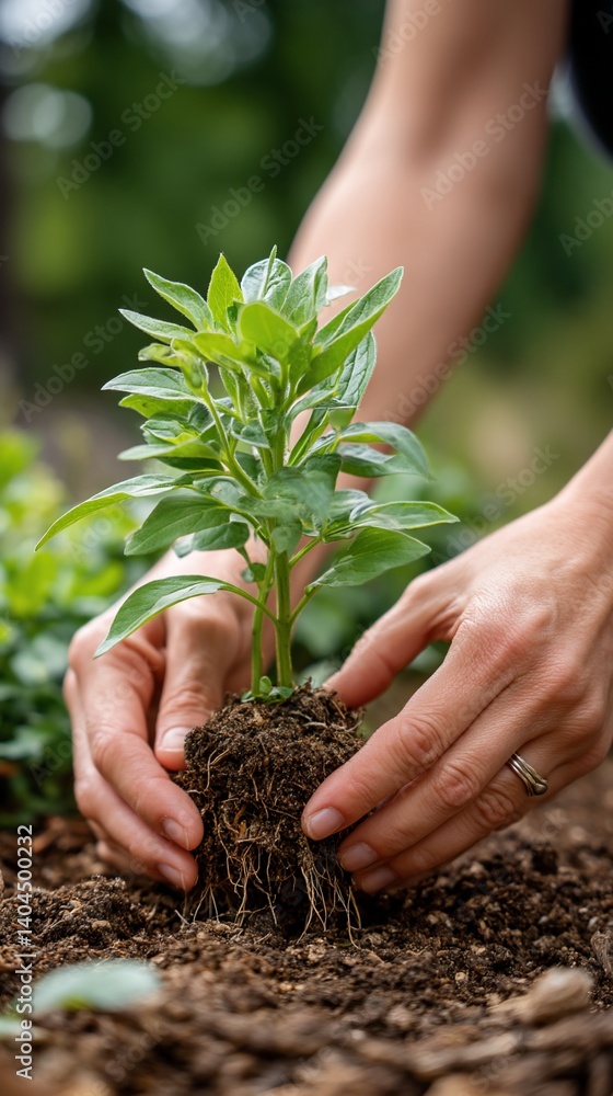 Fototapeta premium Hands gently planting a seedling into rich soil