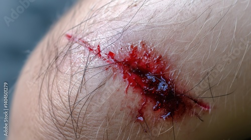 Close-up of fresh bleeding wound with oozing red blood on human inner thigh, showing detailed skin texture with sparse body hairs and mild inflammatory pinkish discoloration. Medical injury concept fo