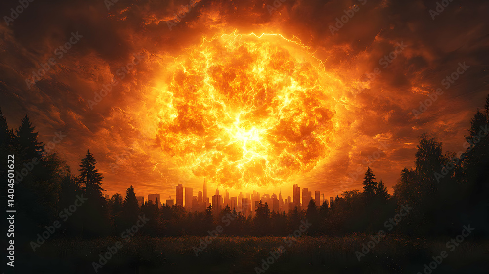 Obraz premium Fiery Orange Sun Exploding Over Silhouetted Cityscape