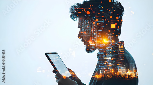 Profile Of A Man With Double Exposure Cityscape Digital Network Technology Innovation And Communication Futuristic Concept