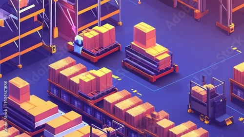 Isometric warehouse scene with automated forklifts and shelving stock animation loop