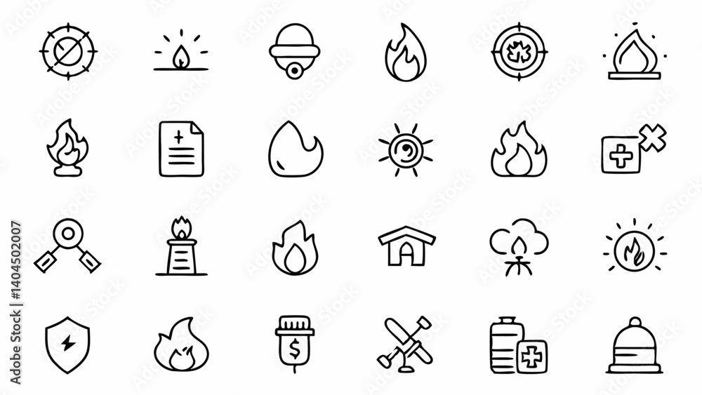 Fototapeta premium Professional Line Style Icons Representing Fire Safety Equipment Firefighting Actions and Emergency Alerts