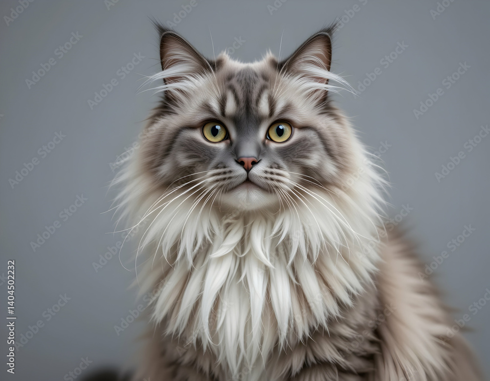 Portrait of a Fluffy Long-haired Cat with Gray and White Fur Portrait of a Fluffy Long-haired Cat with Gray and White Fur