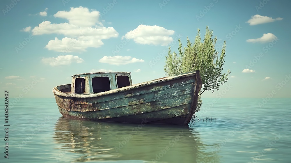 Rusty boat adrift on calm lake, tranquil scene Rusty boat adrift on calm lake, tranquil scene