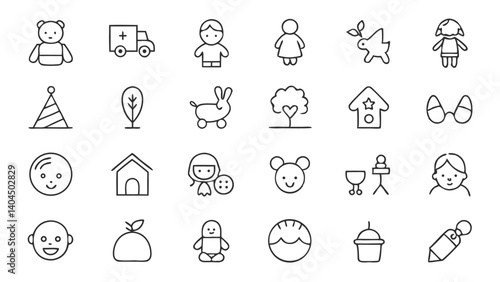 Minimalist kids icons in linear style designed for child education games learning apps and fun playful content creation needs