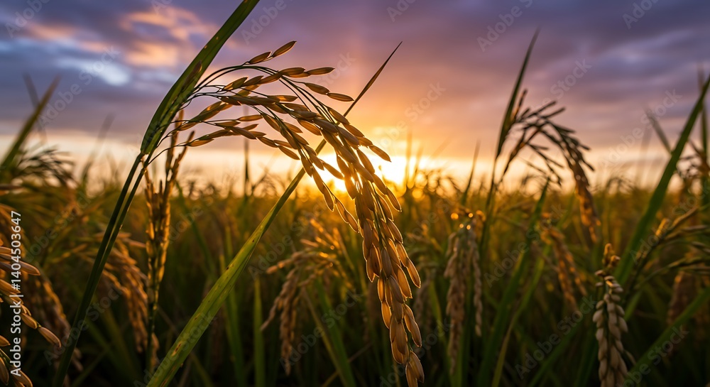 Fototapeta premium Golden Rice Paddies at Sunset: A Vibrant Landscape Photograph AI Generated