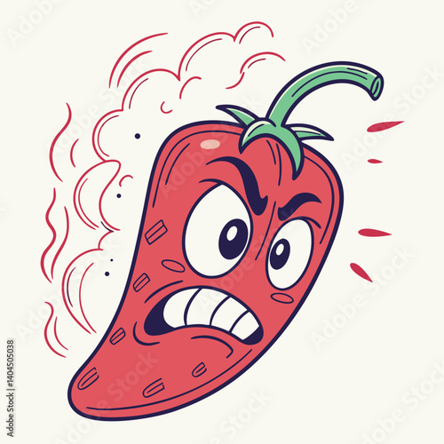 Angry Spicy Red Pepper with Steam and Fire Face – Trendy and Humorous Vector Cartoon for T-Shirt Design