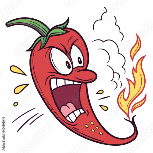 Angry Spicy Red Pepper with Steam and Fire Face – Trendy and Humorous Vector Cartoon for T-Shirt Design