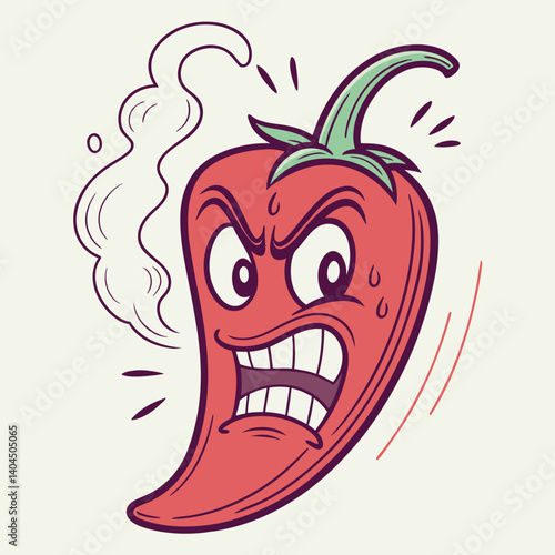 Angry Spicy Red Pepper with Steam and Fire Face – Trendy and Humorous Vector Cartoon for T-Shirt Design