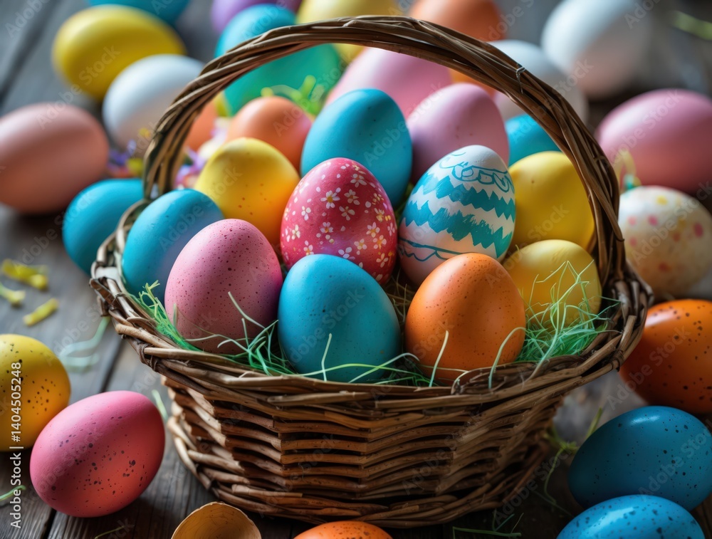 Naklejka premium Colorful Easter Eggs in Basket - Festive Spring Holiday