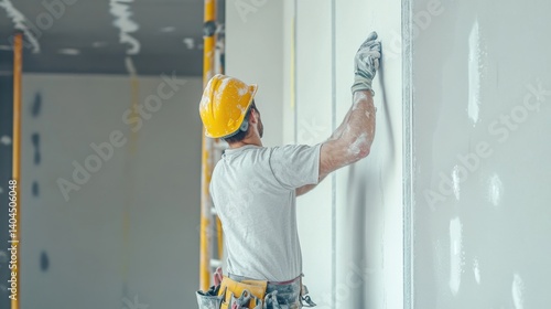Construction worker installing drywall. Featuring drywall installation and home renovation
