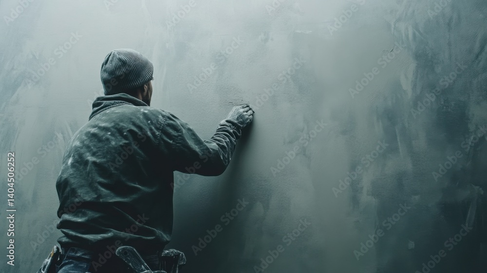Fototapeta premium Construction worker installing drywall in a room. Featuring drywall installation and craftsmanship