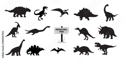 A set of dinosaur silhouettes are shown in various poses, including a T Rex, Brontosaurus, Pteranodon, Stegosaurus, Velosiraptor. Vector flat illustrations isolated on transparent background