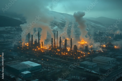 Wallpaper Mural Large industrial complex emitting smoke against mountainous background at night Torontodigital.ca