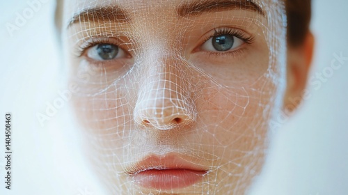 Woman's face with futuristic skin technology overlay for beauty and science
