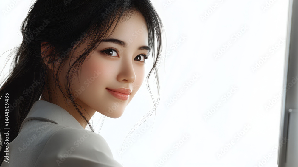 Asian businesswoman in work clothes, close-up side angle, smiling warmly at her computer screen, fresh and focused Asian businesswoman in work clothes, close-up side angle, smiling warmly at her computer screen, fresh and focused
