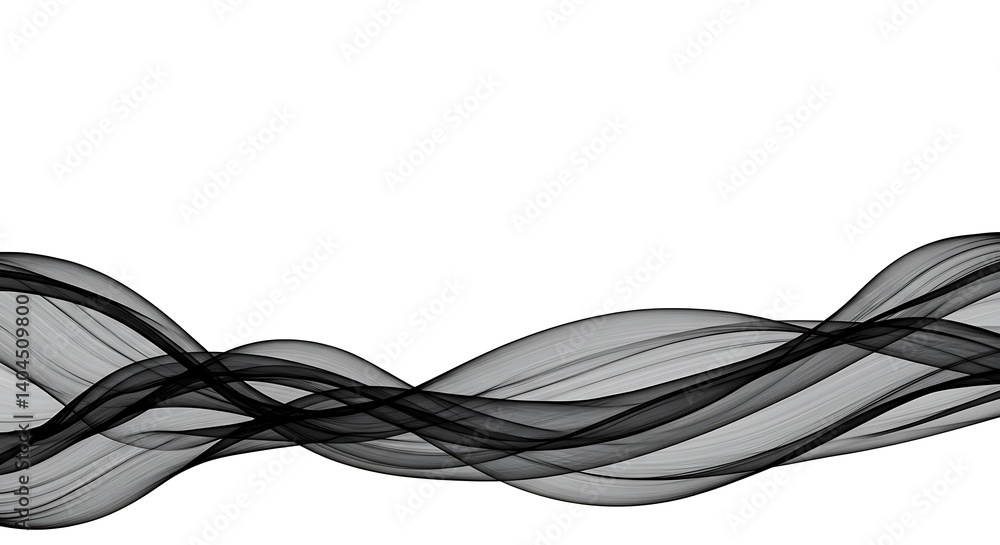 Elegant black and gray translucent waves flow across a white background, creating a sense of movement and fluidity in a minimalist abstract design Elegant black and gray translucent waves flow across a white background, creating a sense of movement and fluidity in a minimalist abstract design