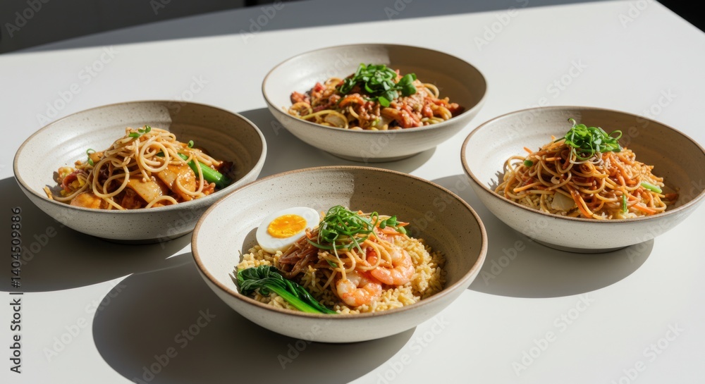 Four bowls of noodles with different toppings on a white surface. Four bowls of noodles with different toppings on a white surface.