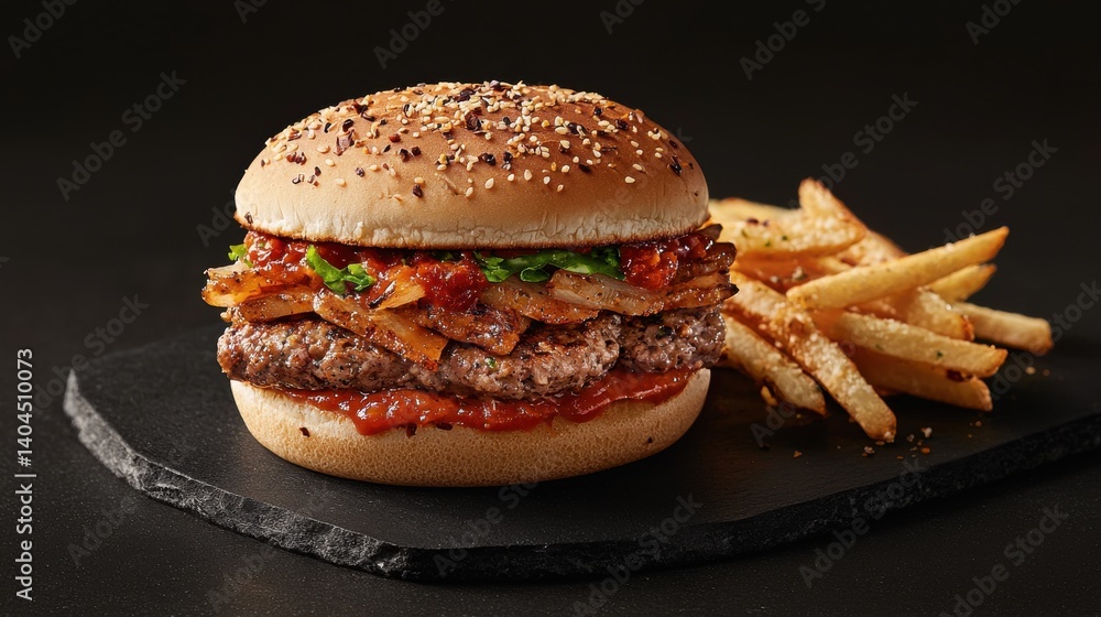 Juicy Hamburger with Barbecue Sauce and Crispy Onion Toppings Served with Golden French Fries Juicy Hamburger with Barbecue Sauce and Crispy Onion Toppings Served with Golden French Fries
