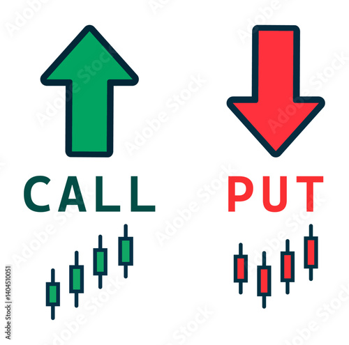Icons for trading terms call and put,. Includes green and red arrows with candlestick chart symbols. Ideal for stock market, forex, and crypto visuals. Icons, vector, symbols.