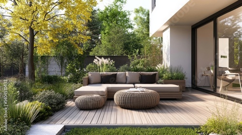 Contemporary outdoor lounge in a backyard terrace house with wooden floor  comfy seating  and wicker ottoman  cozy patio or balcony space for relaxation