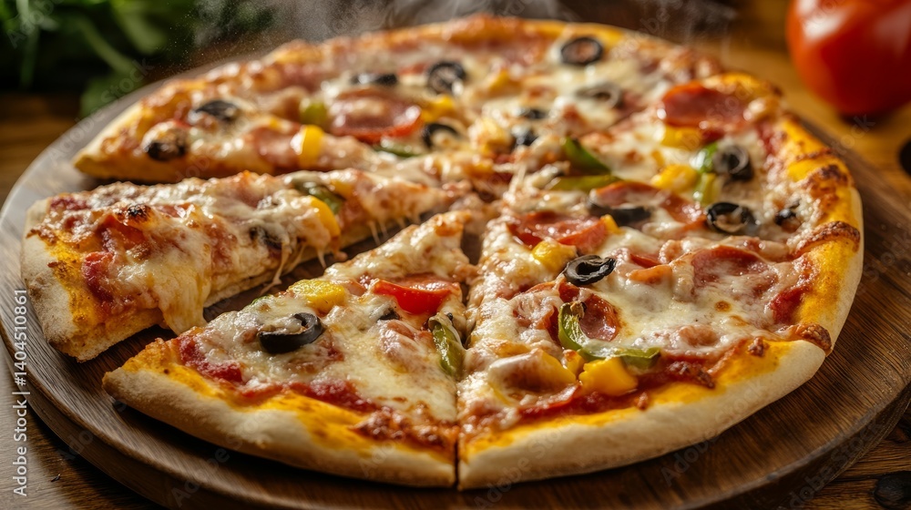 Pizza on a wooden plate on a white background, pieces of pizza are cut, cheese stretches Pizza on a wooden plate on a white background, pieces of pizza are cut, cheese stretches